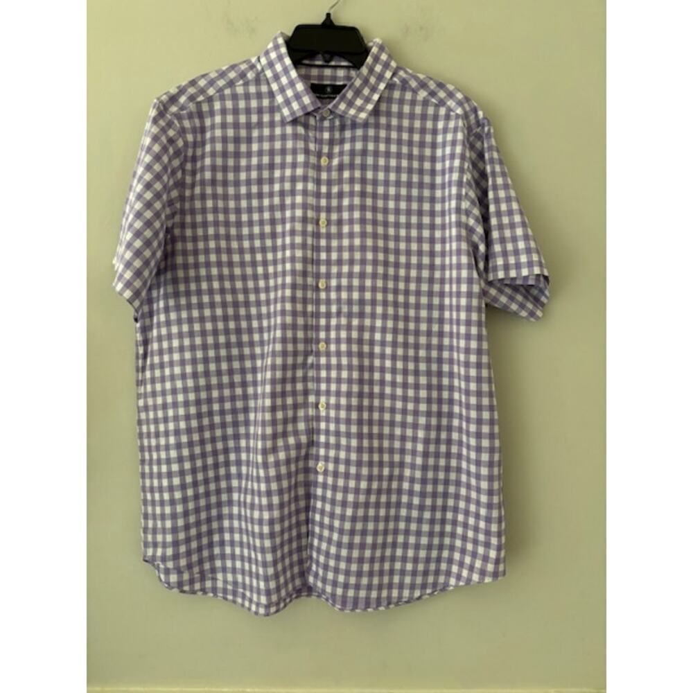 Hart Schaffner Marx Shirt Mens XL Short Sleeve Button Up Purple White Gingham